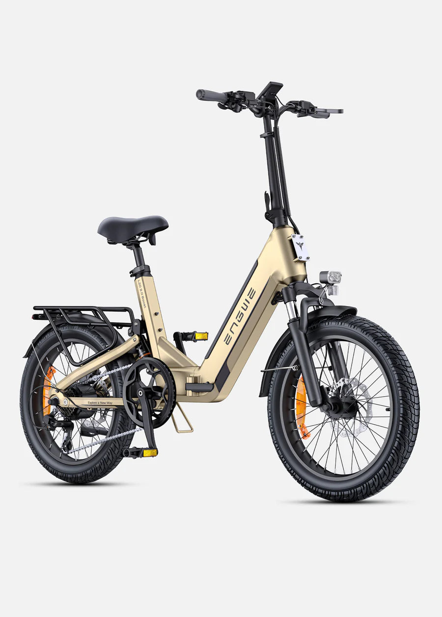 Engwe L20 3.0 Boost electric bike side profile in cream with rear rack