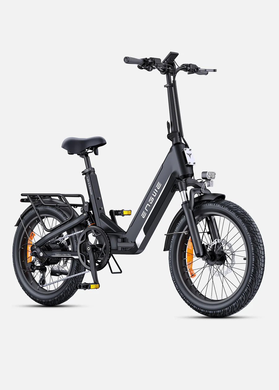 Engwe L20 3.0 Boost electric bike side profile in black with rear rack