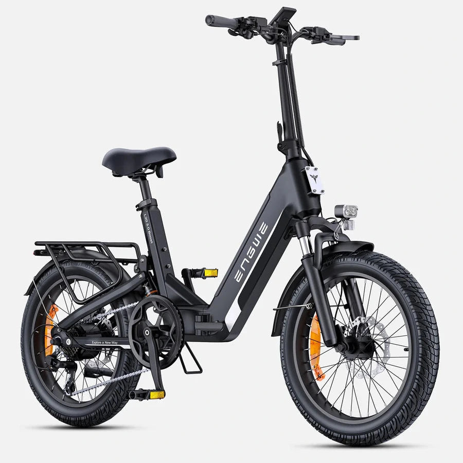 Engwe L20 3.0 Boost electric bike side profile in black with rear rack