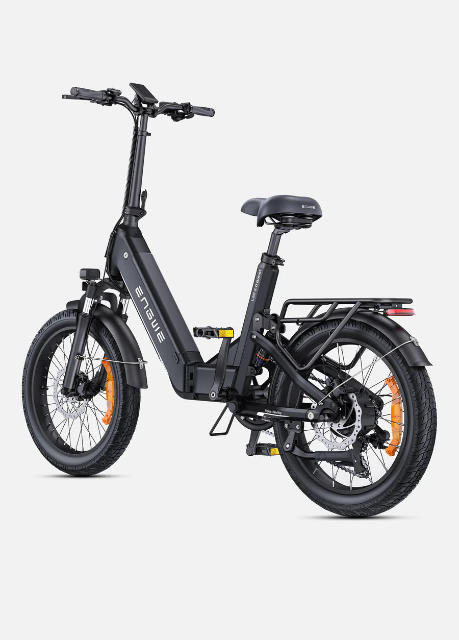 Engwe L20 3.0 Boost electric bike rear three-quarter view with cargo rack