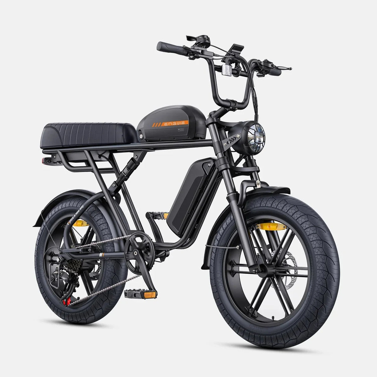 Engwe M1 electric bike side profile with black bench seat and rear cargo rack