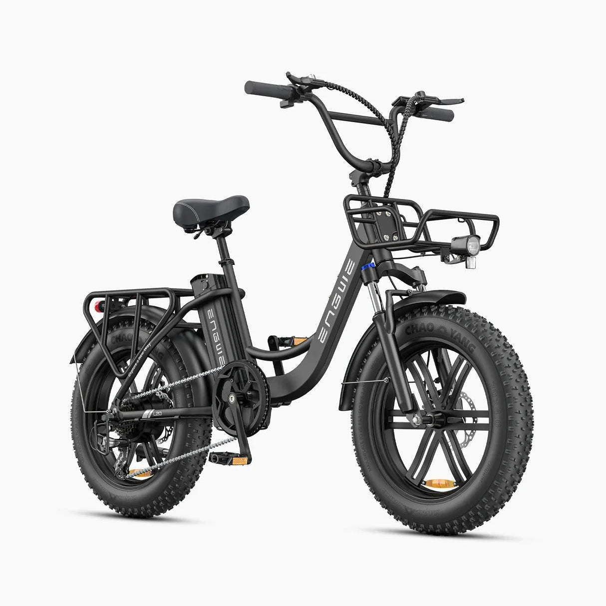 Engwe L20 Boost electric bike front three-quarter view in black with fat tyres