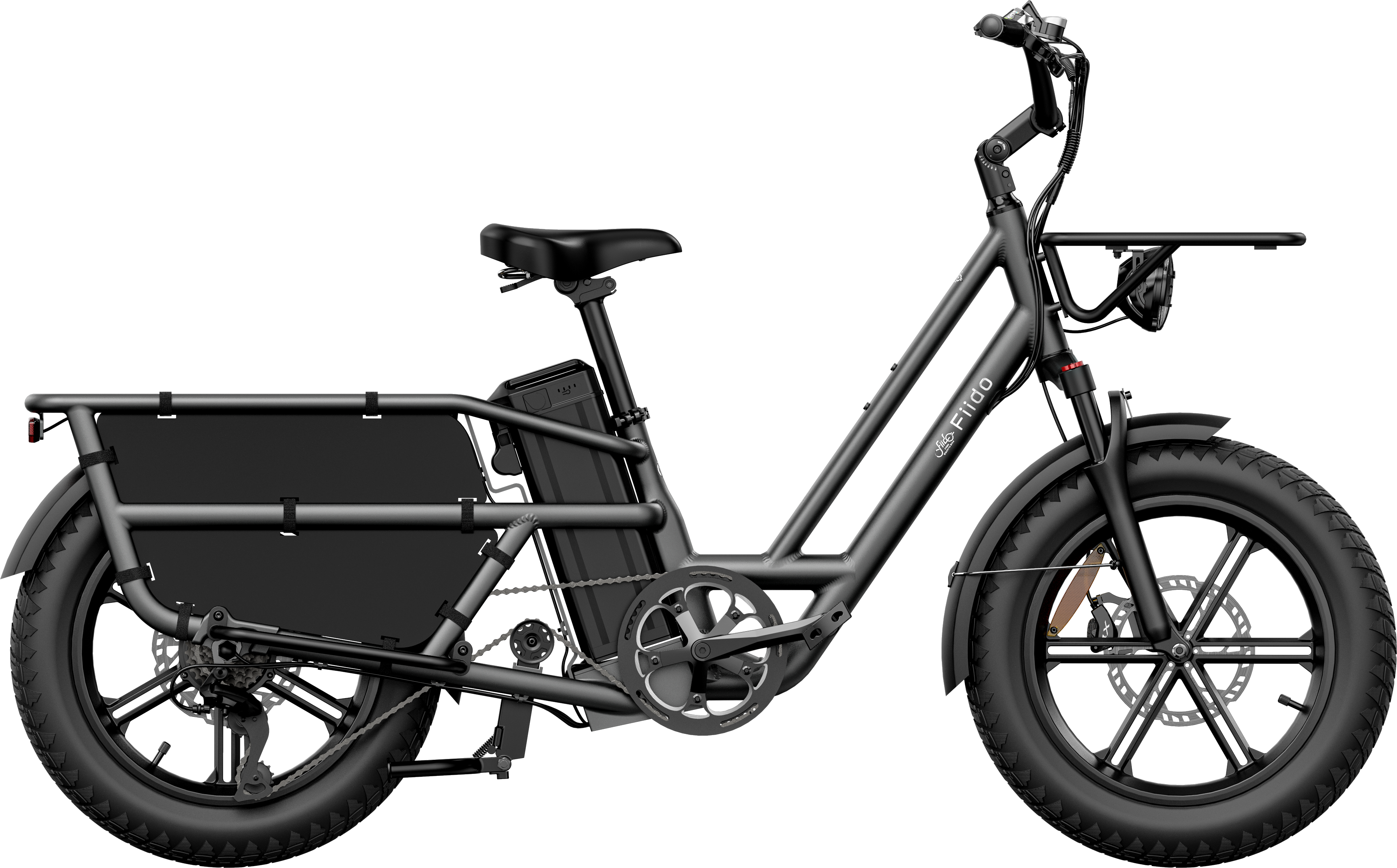 Black electric cargo bike on a white background
