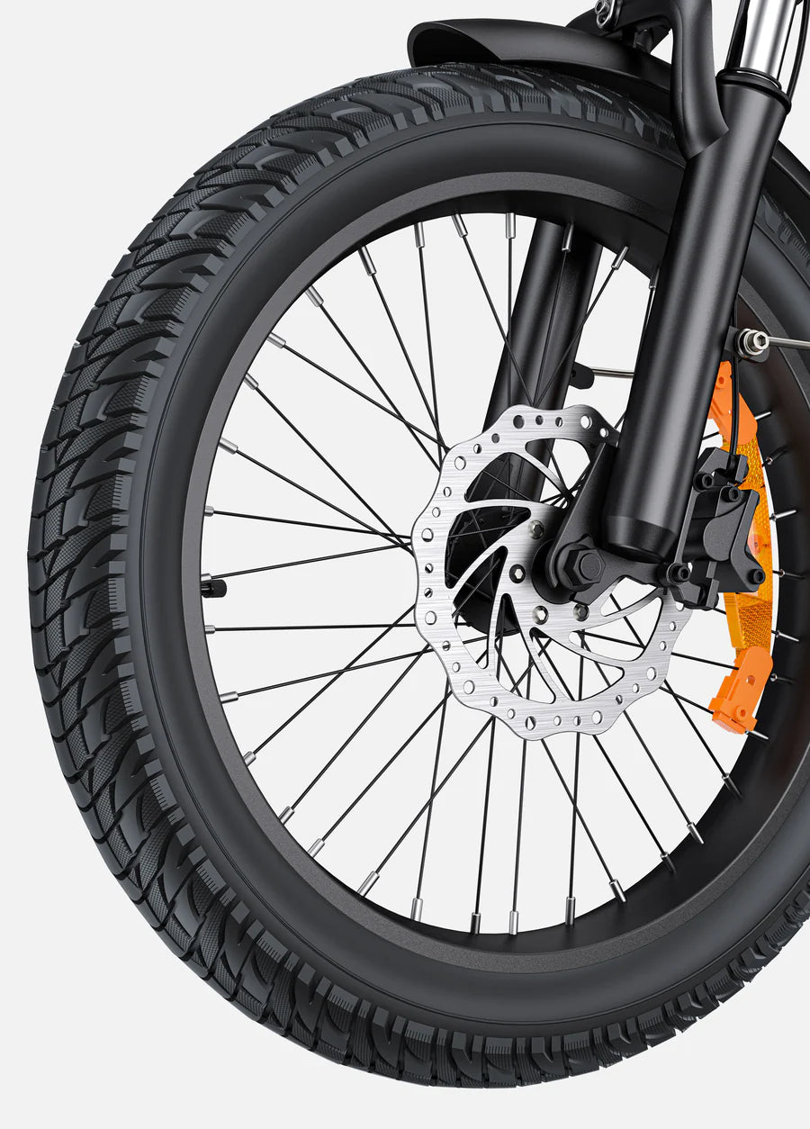 Engwe L20 3.0 Boost electric bike front wheel with disc brake and tyre detail