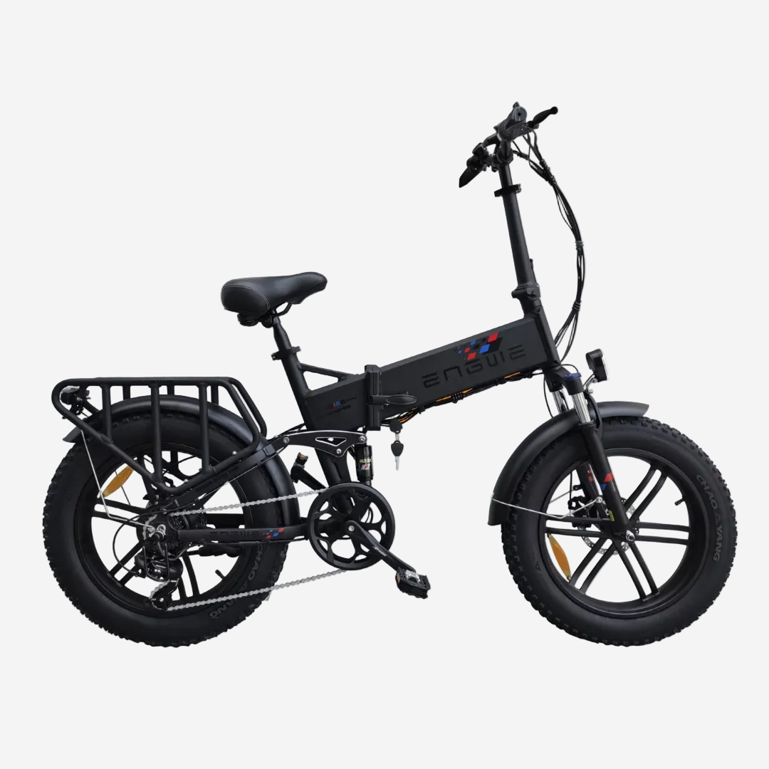 Engwe Engine X electric bike side profile in black showing folding frame and rear cargo rack