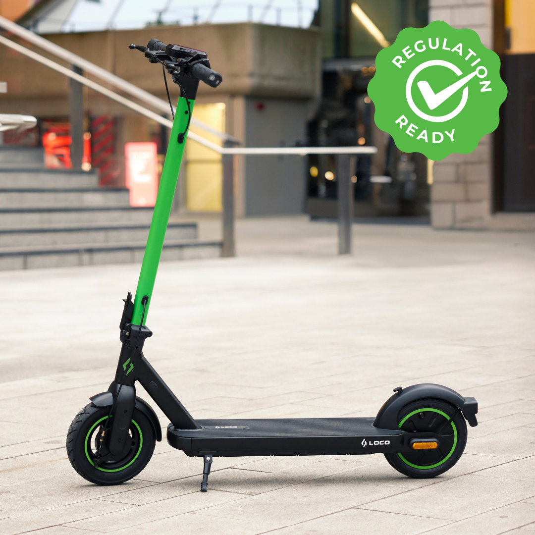 LOCO City electric scooter parked outdoors with waterproof warranty badge