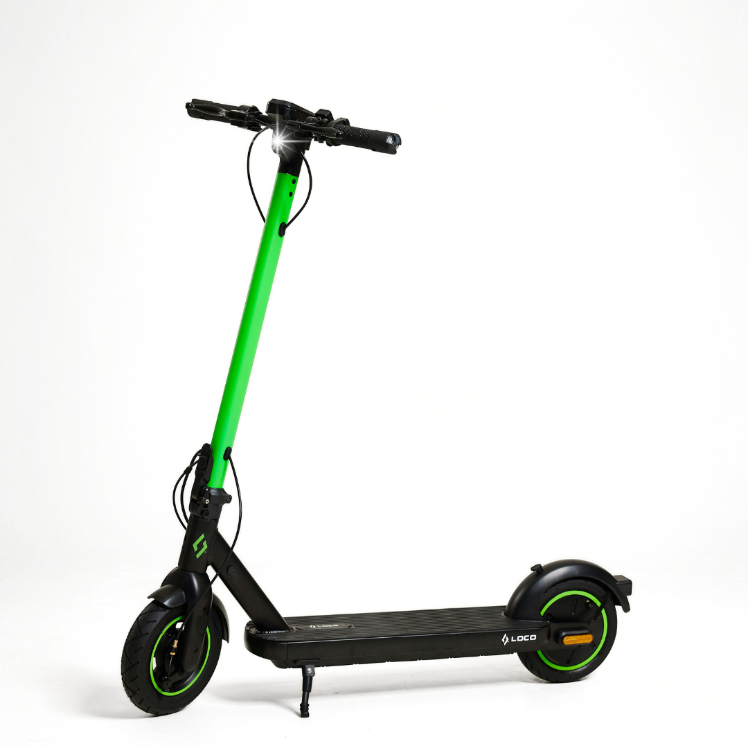 LOCO City electric scooter standing folded in compact storage position