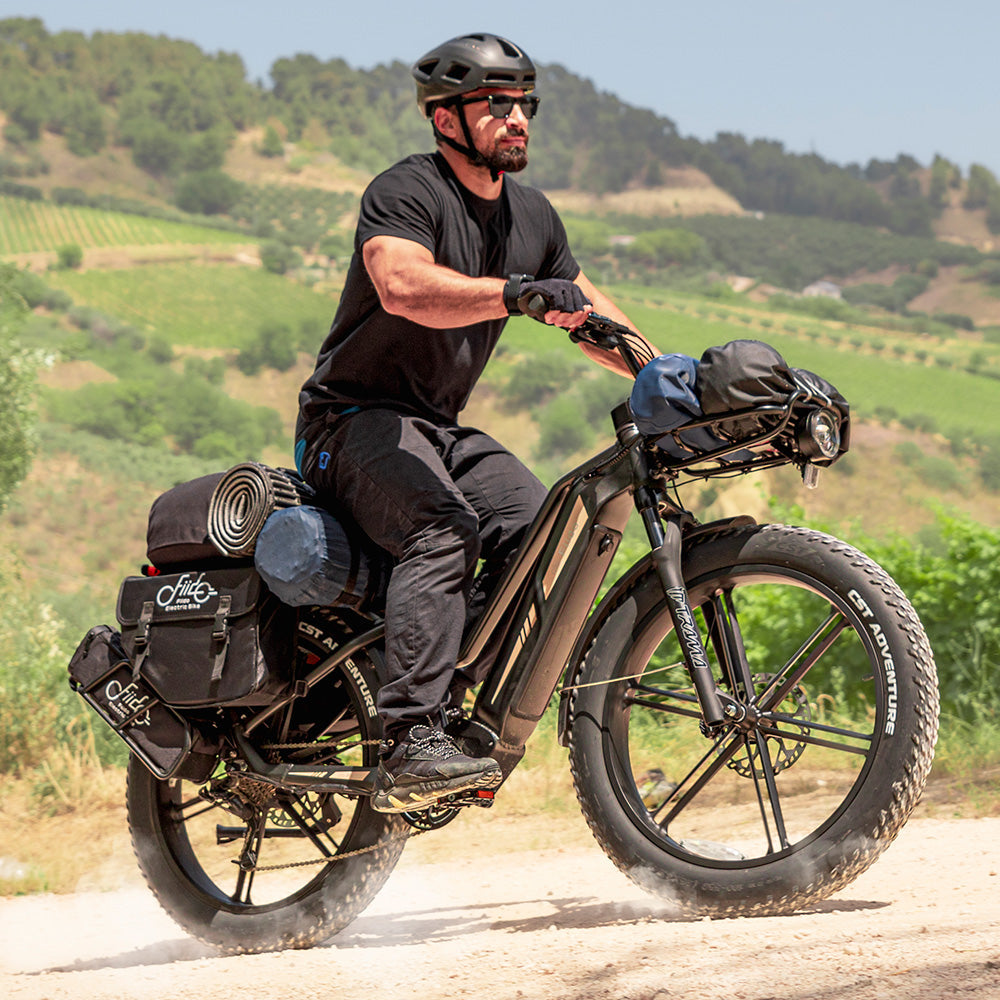 Fiido Titan fat tyre electric cargo bike on a rough track
