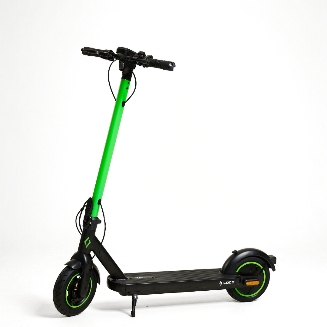 LOCO City electric scooter front three-quarter view with green stem and black deck