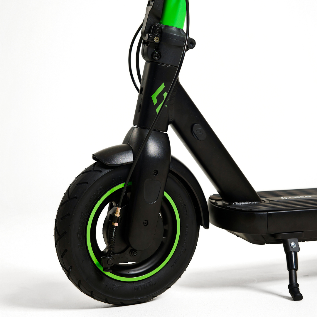 Front wheel and suspension on LOCO City electric scooter