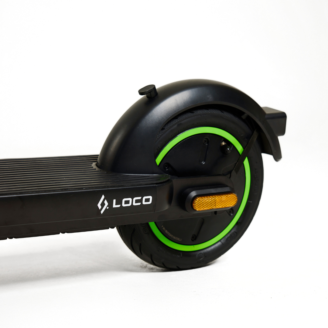 Rear wheel and mudguard on LOCO City electric scooter