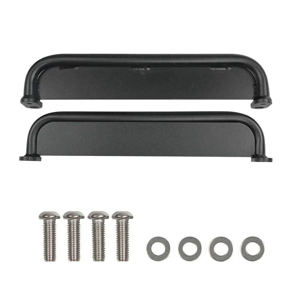 Two black metal handles with screws and washers on a white background