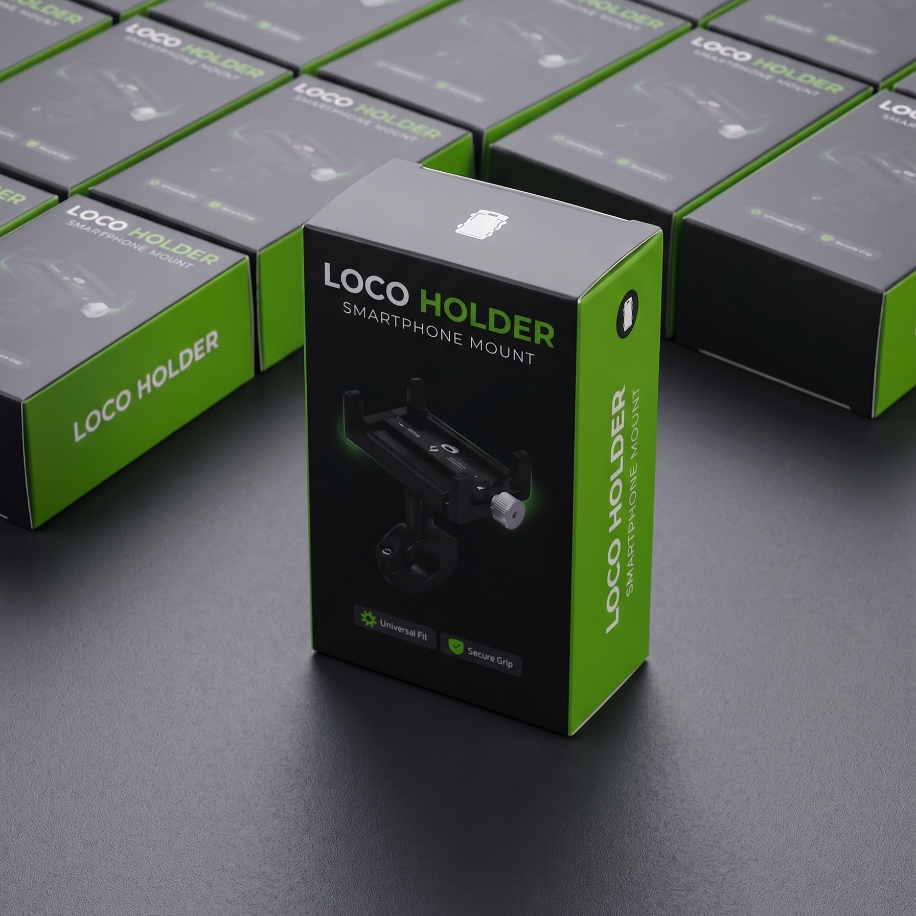 A boxed smartphone mount product labeled 'LOCO HOLDER' standing upright in the foreground, with multiple matching boxes arranged in rows behind it on a dark surface.