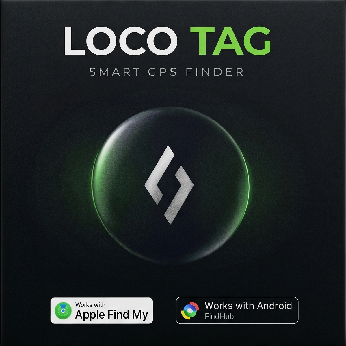 A black rectangular product box for the LOCO Tag Smart GPS Finder, featuring a green circular emblem in the center and compatibility badges for Apple Find My and Android Find My. The box is centered against a background of bright green Loco-branded items.